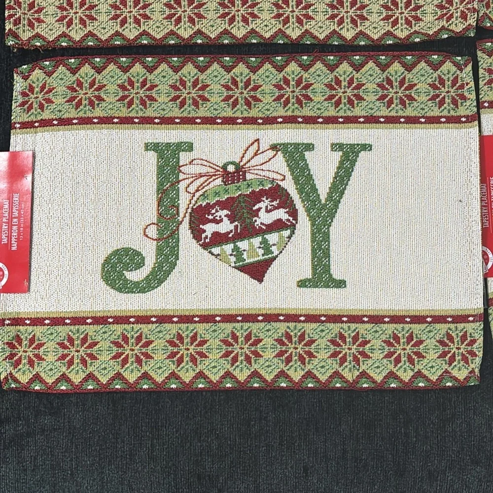 NWT- Set of 4- Cream- Red & Green JOY Ornament Holiday Tapestry Placemats 13x18